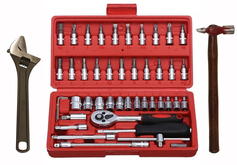 Digital Craft Hand Tool Kit Car Ratchet Wrench Assembly Tool Household Repair Tools Automotive Set Socket Set 46Pc10 Screw WrenchHammer 200 gm - Image 1