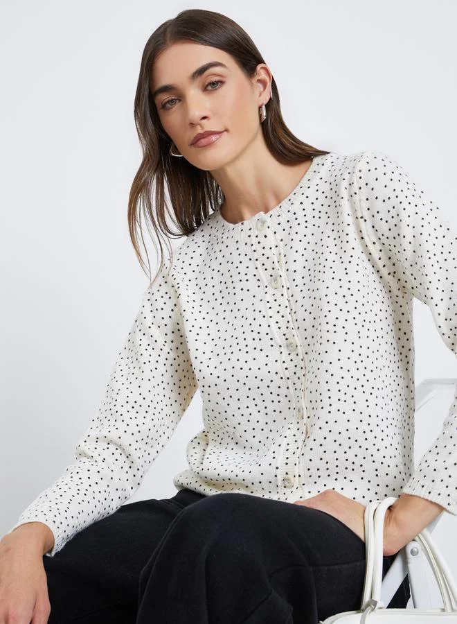 Styli Styli Off White Regular Fit Dotted Knit Cardigan
