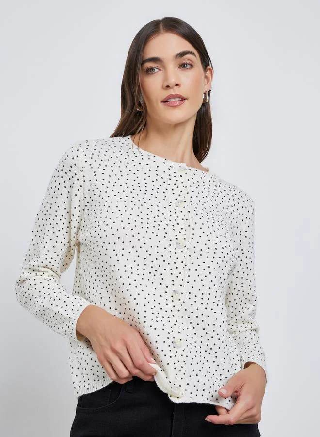 Styli Styli Off White Regular Fit Dotted Knit Cardigan