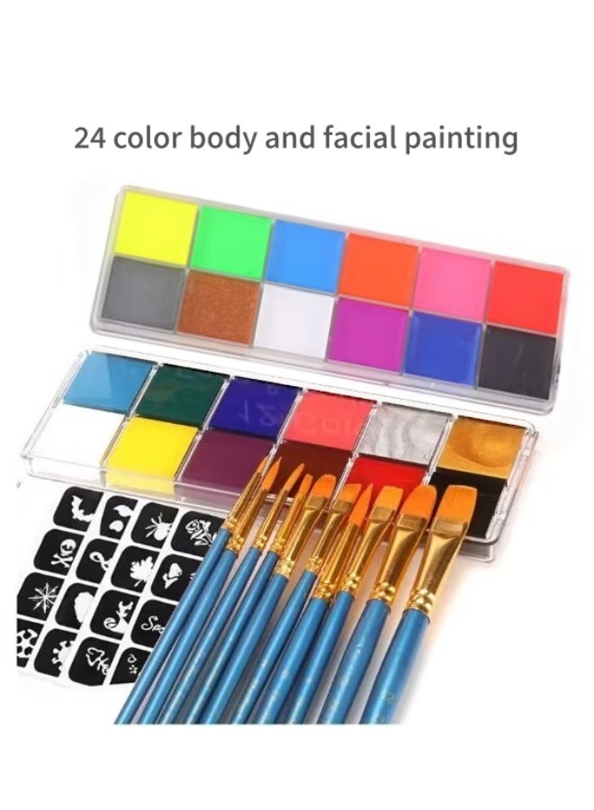 FLYHSO 24Colors Body Face Paint Cosplay Makeup Palette Kit, Professional Face Paint Kit Designed for Kids and Adults, Red, Black, White Special Effects Paint Palette, 10 Brushes， - Image 1
