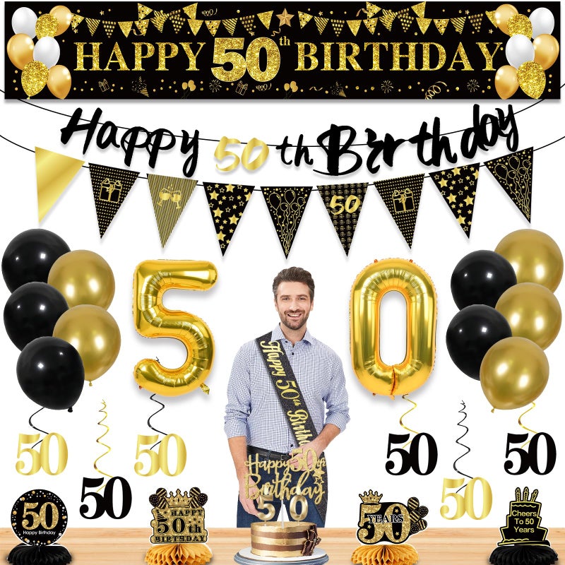 YeohJoy 27pcs 50th Birthday Decorations for MenBlack Gold 50th Party DecorationsHappy 50th Birthday Banner Honeycomb Hanging Swirls Cake Topper and Balloons Kit Party Supplies - Image 2