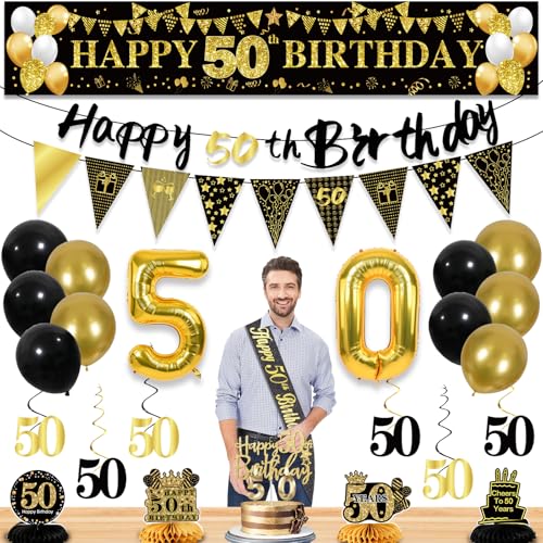 YeohJoy 27pcs 50th Birthday Decorations for MenBlack Gold 50th Party DecorationsHappy 50th Birthday Banner Honeycomb Hanging Swirls Cake Topper and Balloons Kit Party Supplies - Image 1