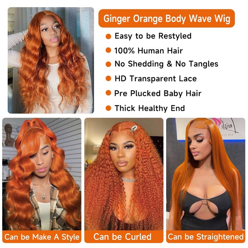 Loyom Ginger Lace Front Wigs Human Hair Pre Plucked 13x4 Colored Ginger Human Hair Lace Front Wigs 200 Density Orange 88J Color 22 Inch - Image 3