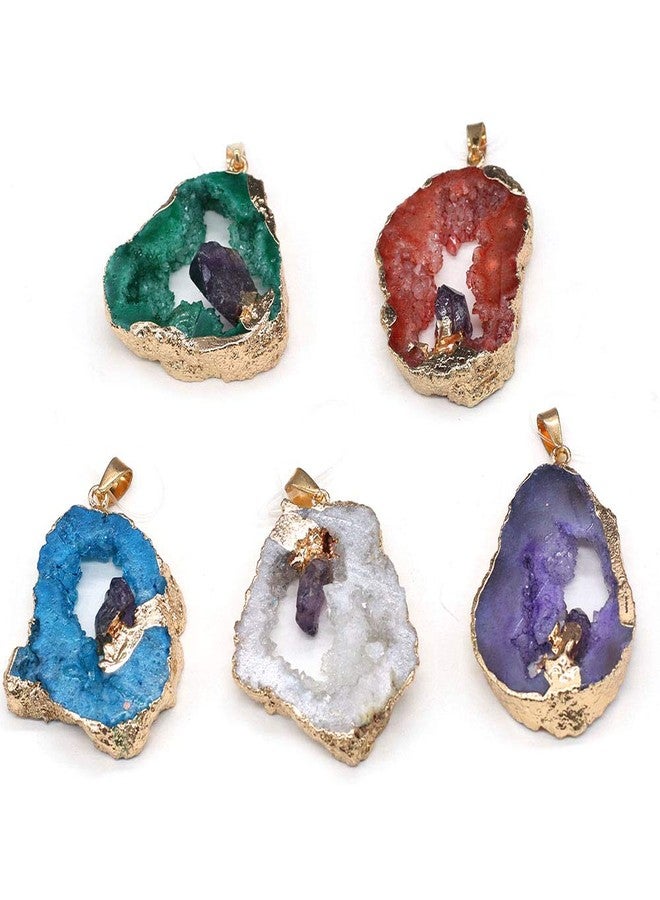 Zotoone Natural Agate Quartz Geode Druzy Pendant,Irregular Gemstone Necklace Charms Slice Druzy Pendant for DIY Jewelry Making Necklace Bracelet for Women,Healing Crystal (5 pcs - Image 1