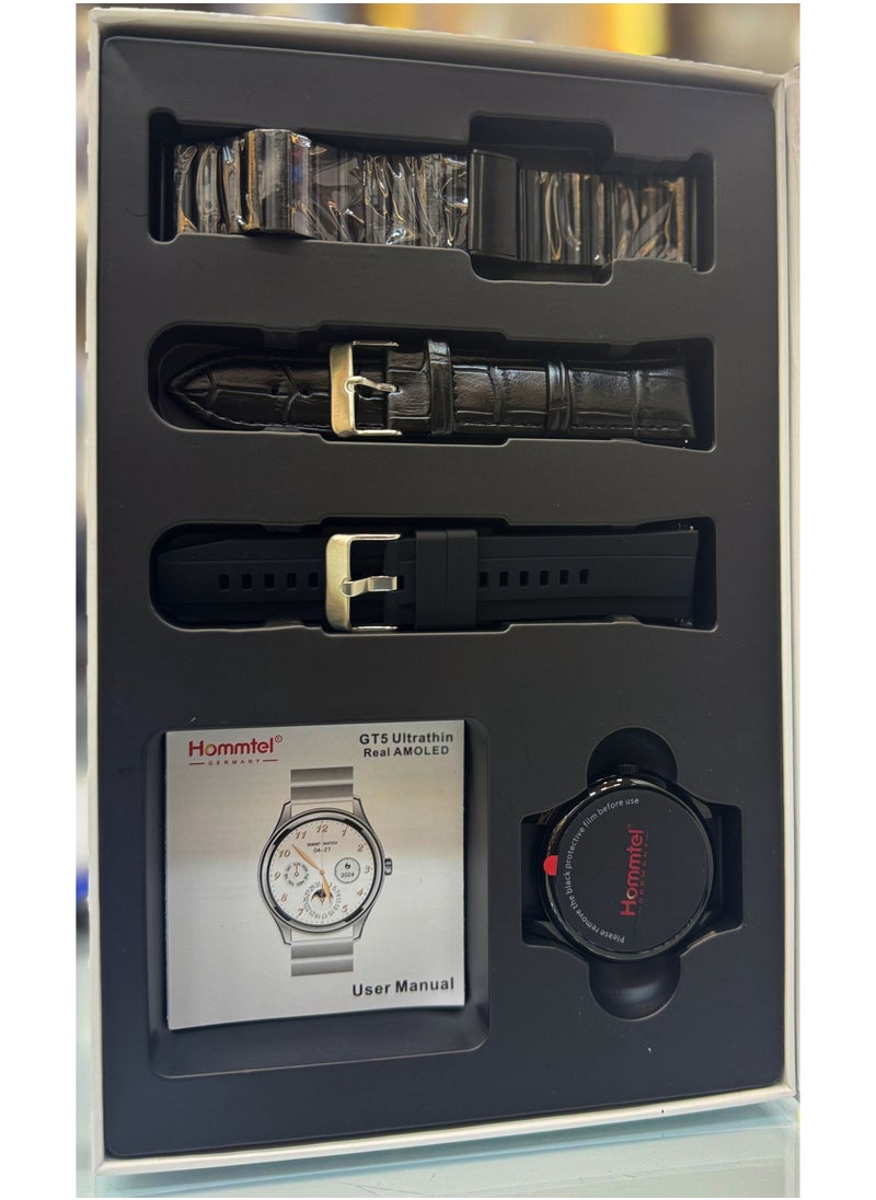 Hommtel - Hommtel GT5 Ultrabithin Smartwatch 1.53 Inch Real AMOLED Display 7.8mm Thickness With 3 Pair Straps and Wireless Charger For Gents and Boys Black - Image 1