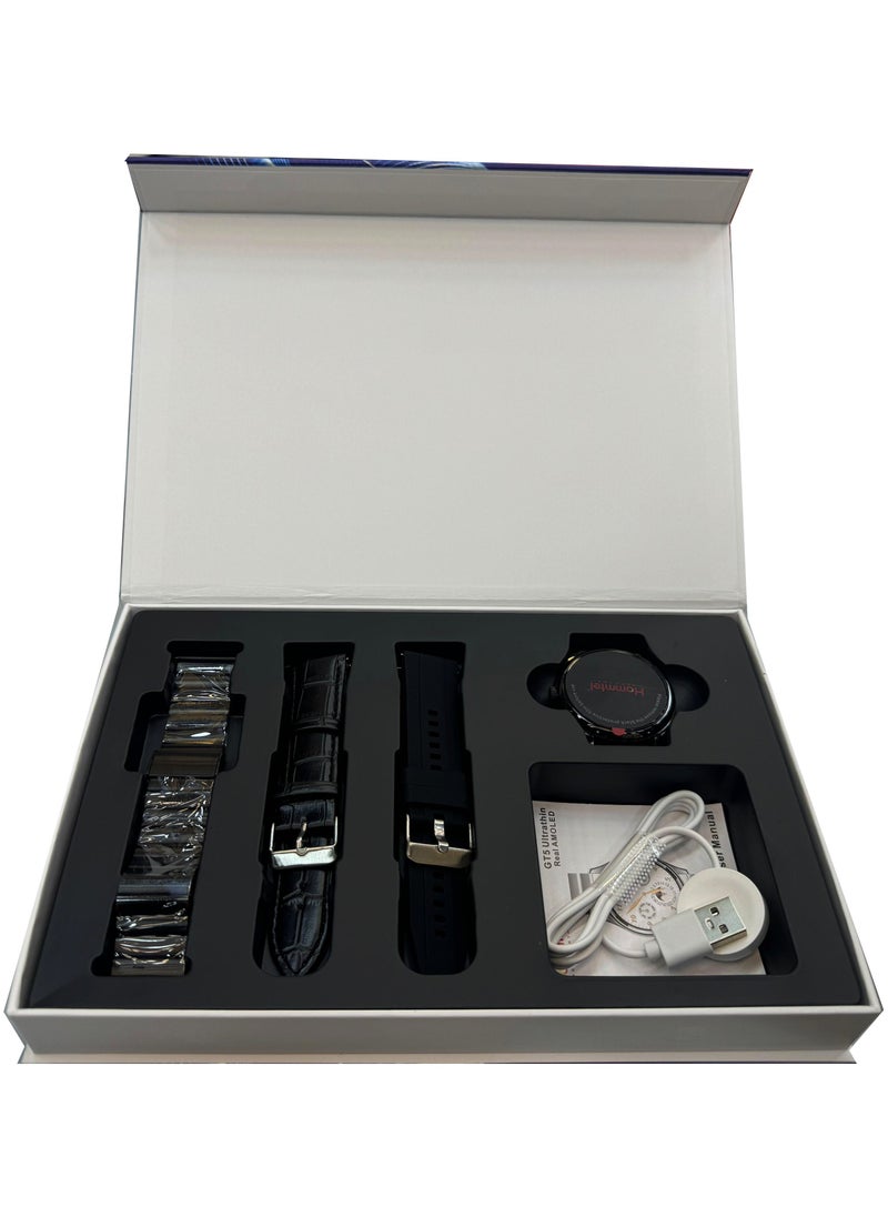 Hommtel - Hommtel GT5 Ultrabithin Smartwatch 1.53 Inch Real AMOLED Display 7.8mm Thickness With 3 Pair Straps and Wireless Charger For Gents and Boys Black - Image 1