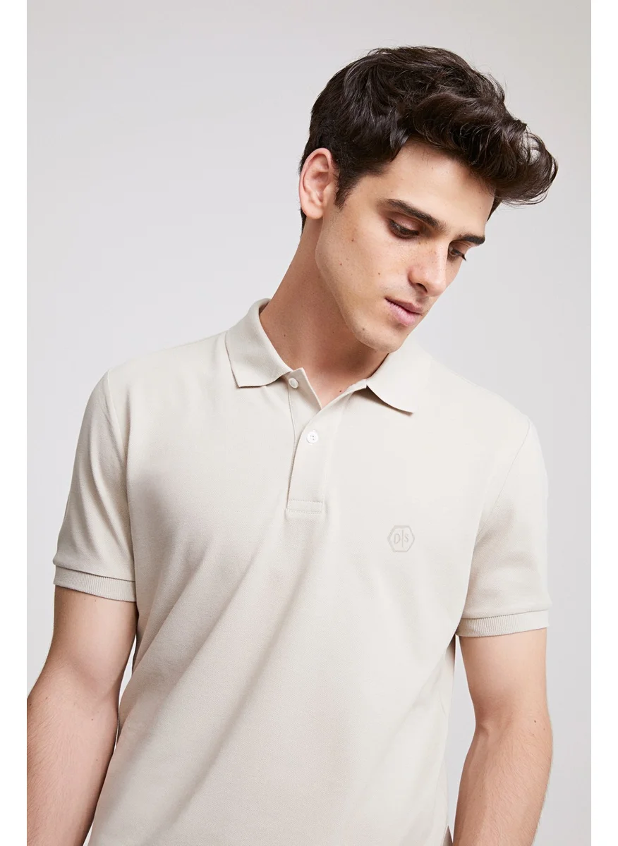 D'S DAMAT Regular Fit Stone Pique Textured 100% Cotton Non-Curl Polo Collar Embroidered T-Shirt 4HC14ORT51000