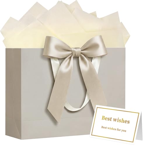 Laidans 13" Gift Bag with Handles and Bow Ribbon, Large Gift Bag with 3 Tissue Paper and 1 Card for Birthdays, Baby Showers, Wedding, Bridal Showers, Mother's Day (Champagne) - Image 1