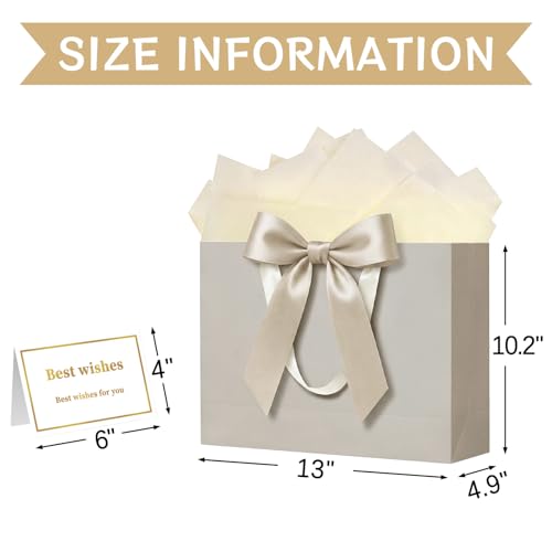 Laidans 13" Gift Bag with Handles and Bow Ribbon, Large Gift Bag with 3 Tissue Paper and 1 Card for Birthdays, Baby Showers, Wedding, Bridal Showers, Mother's Day (Champagne) - Image 2