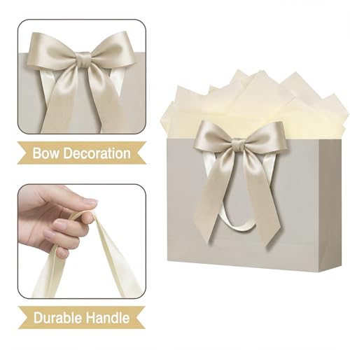 Laidans 13" Gift Bag with Handles and Bow Ribbon, Large Gift Bag with 3 Tissue Paper and 1 Card for Birthdays, Baby Showers, Wedding, Bridal Showers, Mother's Day (Champagne) - Image 4