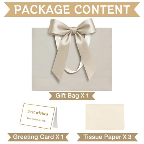 Laidans 13" Gift Bag with Handles and Bow Ribbon, Large Gift Bag with 3 Tissue Paper and 1 Card for Birthdays, Baby Showers, Wedding, Bridal Showers, Mother's Day (Champagne) - Image 3