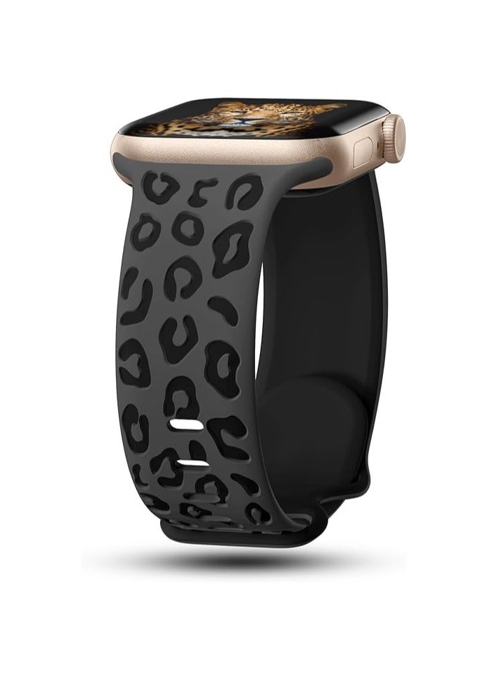 Engraved Leopard Bands Compatible with Apple Watch Band 42mm 40mm 41mm 38mm Women, Silicone Cheetah Designer Strap for iWatch Series 10 9 8 7 6 5 4 3 2 SE Ultra, Anthracite Black  - Image 1