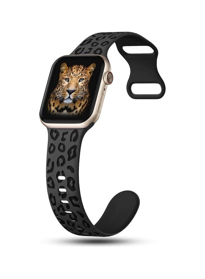 Engraved Leopard Bands Compatible with Apple Watch Band 42mm 40mm 41mm 38mm Women, Silicone Cheetah Designer Strap for iWatch Series 10 9 8 7 6 5 4 3 2 SE Ultra, Anthracite Black  - Image 2