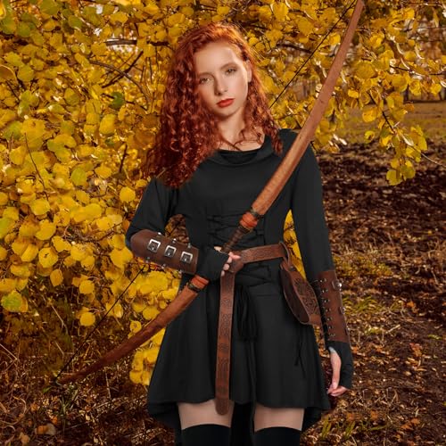 Suhine 5 Pcs Renaissance Women Costume Medieval Hooded Robe Vintage Faux Leather Arm Pouch Belt for Cosplay Party(X-Large,Black) - Image 4