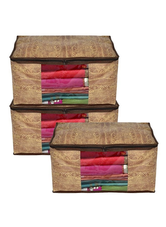 Kuber Industries Non-Woven Abstarct Print Saree Covers With Zip|Wardrobe Organizer For Clothes|Transparent Window Keep 8 To 10 Saree|Suitable For Lehenga, Suit, Dress|Pack Of 3 (Brown) - Image 1