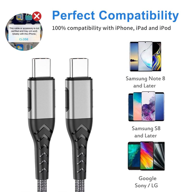 Durcord 2Pack 10ft USB C Charger Cable - 100W Fast Charging for Android/Phone/Pad, Type C to Type C Compatible with iPhone 17/16/15 Pro Plus Max Silver - Image 5