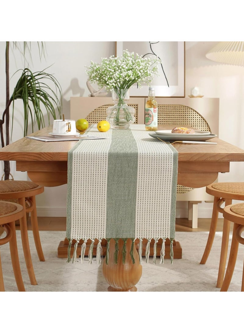 CMGTYYD. مفرش طاولة مزين بشراشيب، مقاس 183×33 سم، مفرش طاولة مخطط منسوج لتزيين حفلات الزفاف (أخضر)  - Image 3