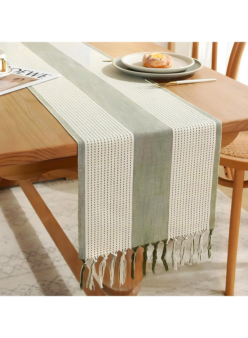CMGTYYD. مفرش طاولة مزين بشراشيب، مقاس 183×33 سم، مفرش طاولة مخطط منسوج لتزيين حفلات الزفاف (أخضر)  - Image 1