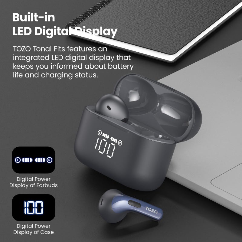 TOZO سماعات أذن لاسلكية TOZO T21 بلوتوث 5.3 داخل الأذن مع ميكروفون مزدوج لإلغاء الضوضاء مقاومة للماء IPX8 44 ساعة تشغيل صوت ستيريو مع شاشة LED علبة شحن لاسلكية 32 إعداد صوت عبر التطبيق أزرق - Image 2