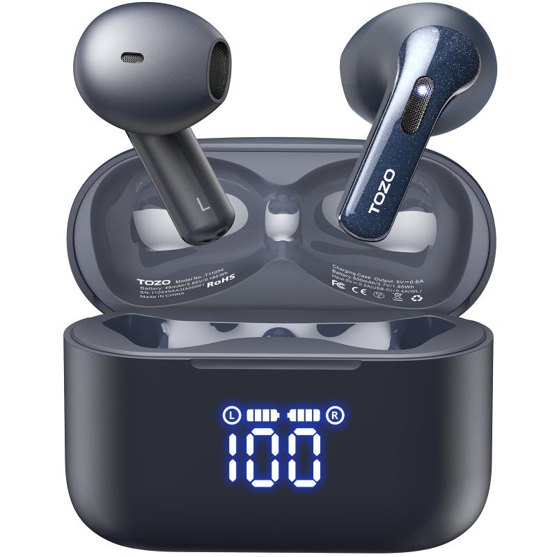 TOZO سماعات أذن لاسلكية TOZO T21 بلوتوث 5.3 داخل الأذن مع ميكروفون مزدوج لإلغاء الضوضاء مقاومة للماء IPX8 44 ساعة تشغيل صوت ستيريو مع شاشة LED علبة شحن لاسلكية 32 إعداد صوت عبر التطبيق أزرق - Image 1