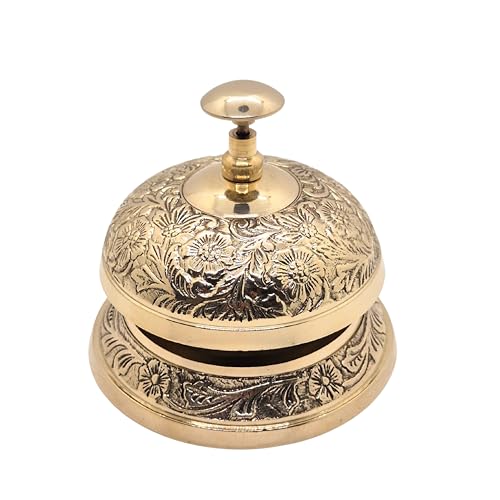 Treasure Lords Desk Bell Brass Vintage Floral Embossed Solid Brass Call Bell for Office Hotel and Counter Décor Antique Reception Bell with Traditional Artwork Loud Ring Service and Decorative Ornate Design - Image 1