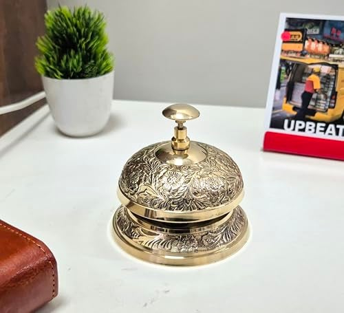 Treasure Lords Desk Bell Brass Vintage Floral Embossed Solid Brass Call Bell for Office Hotel and Counter Décor Antique Reception Bell with Traditional Artwork Loud Ring Service and Decorative Ornate Design - Image 5