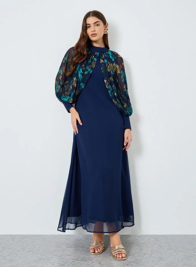 Maxim Creation Navy Blue Floral Print Chiffon Maxi Dress