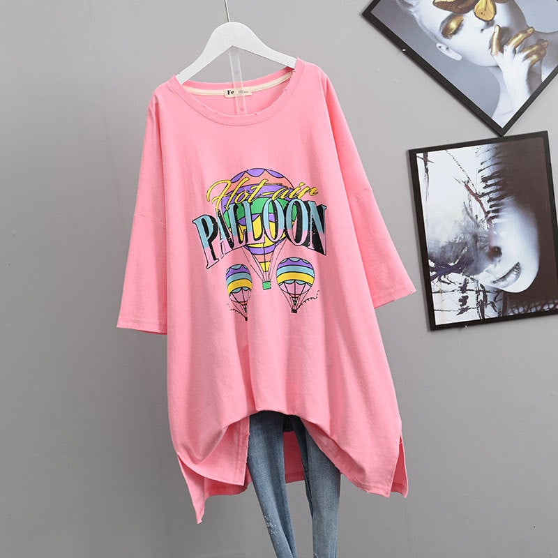 Plus size European summer new short-sleeved T-shirt for women chubby girl belly covering meat hiding split half-sleeve top for women - Image 1