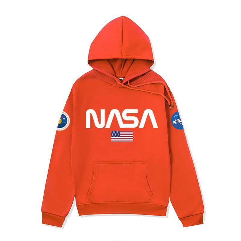 European and American fashion brand NASA series sweater mens American hoodie autumn and winter fleece-lined couple coat hoodies Orange-white label 