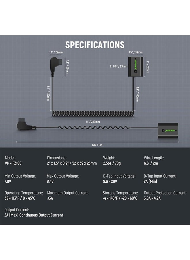 Neewer - NEEWER D Tap to NP-FZ100 Dummy Battery with Cable for V Mount Battery, Stable Continuous Power Supply for Sony ZV-E1 A1 A7 III A7 IV A7C II R III IV V A7S III A9 II A6600 A6700 FX3 FX30, VP-FZ100 - Image 1