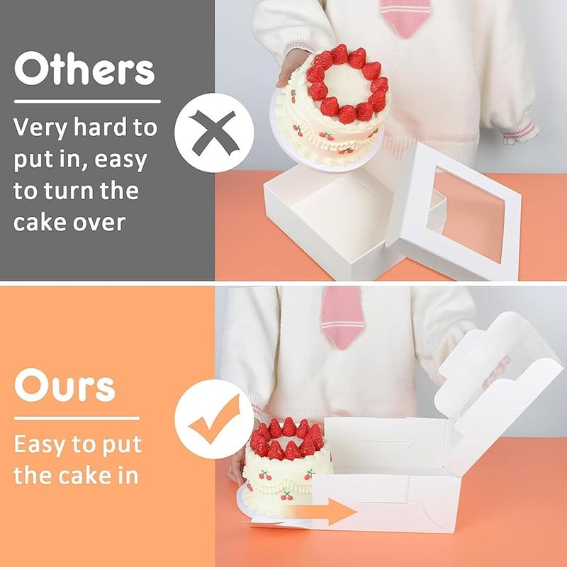 Rindion 3pcs 10x10x4.5 Inches Cake Boxs, Disposable Bakery Boxes with Window, White Square Bakery Boxes for Cakes, Donuts, Cookies, Chocolate, Pies, Wedding, Birthday, Party - Image 4