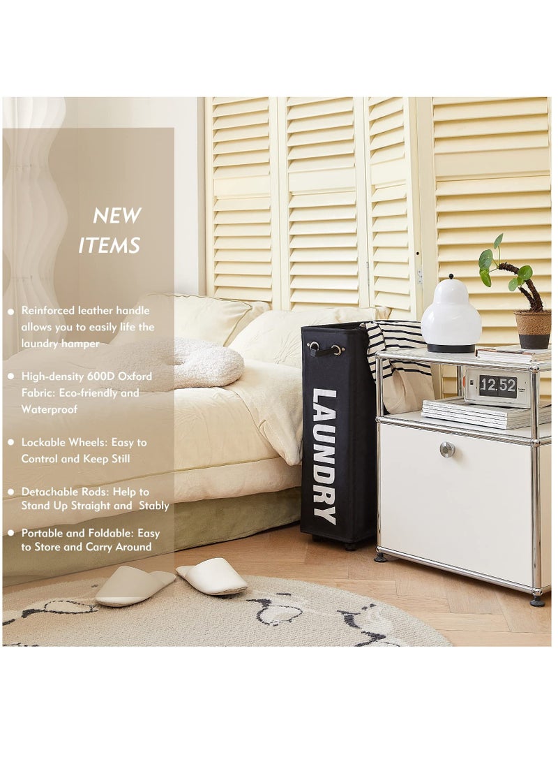 SOLARAE 25-Inches Slim Laundry Basket on Wheels, Collapsible Rolling Laundry Hamper, Foldable Narrow Corner Clothes Storage Bins, Black - Image 2