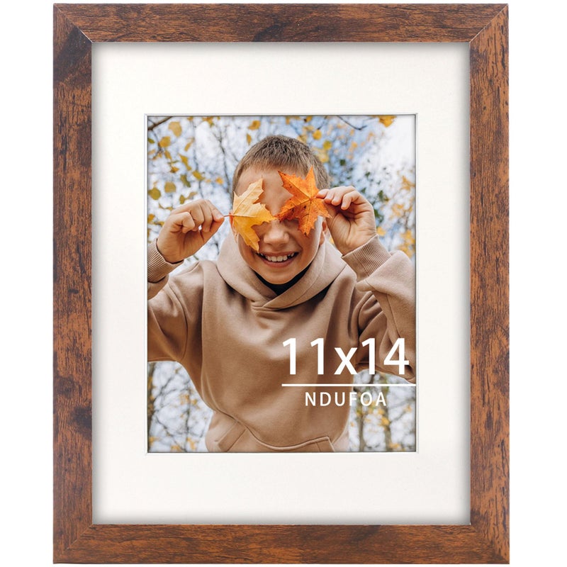 NDUFOA 11x14 Picture Frame  Display Photos 8x10 with Mat or 11x14 without Mat  Poster Frame for Wall and Tabletop  Brown - Image 1