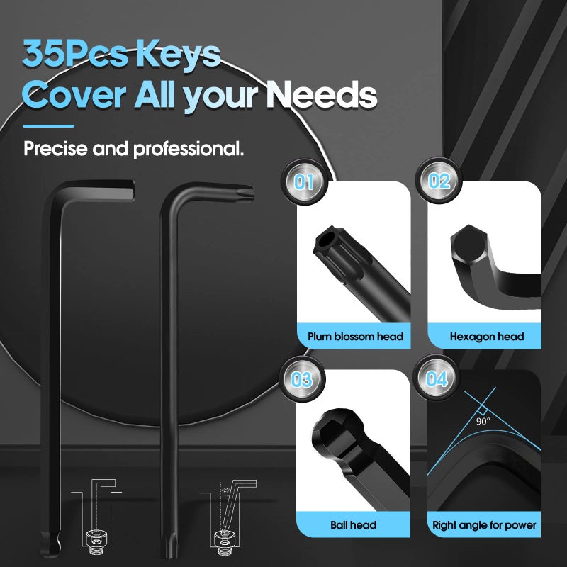 DISEN 36PC Allen Wrench Set, SAE & Metric Hex Key Set Torx Star Key Set, Long Arm Ball Head Design with T-Handle, Heat Treated Chrome Vanadium Steel - Image 5