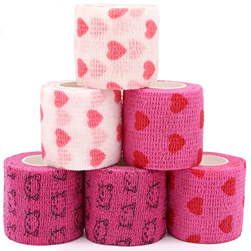 KEQCQE Self Adhesive Bandage Wrap Animal Cohesive Bandage Self Adherent Wrap First Aid Tape for Dogs Cats Horses Birds & Wrist Healing Ankle Sprain (2 Inch Heart 6 Rolls) - Image 1
