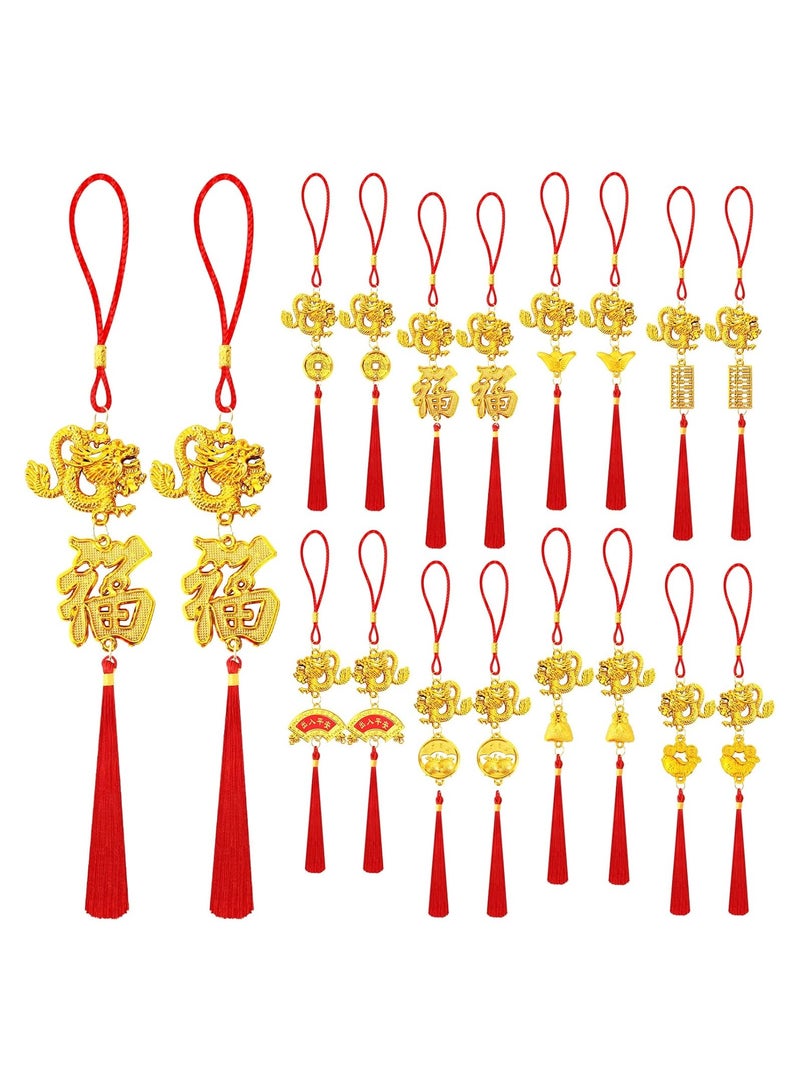 16PCS Chinese New Year Decorations, 2024 Year of Dragon Lucky Charm, Feng Shui Tassel Hanging Pendants Ornaments, for New Year Home Health Wealth Success Lucky Decor, 2024 Lunar Decorations - Image 1