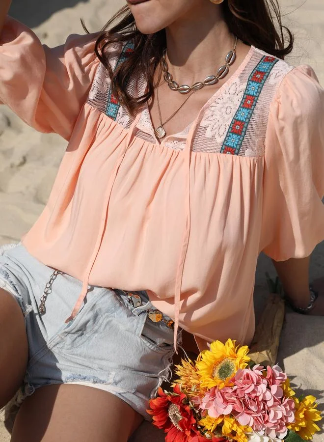 Take Two Take Two Embroidered Panel Balloon Sleeves Top