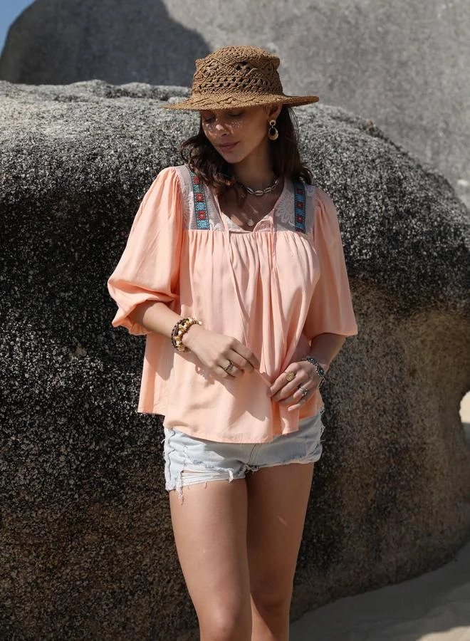 Take Two Take Two Embroidered Panel Balloon Sleeves Top