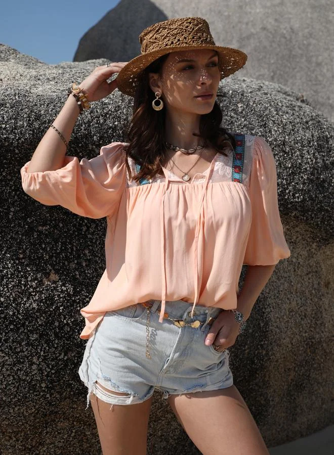 Take Two Take Two Embroidered Panel Balloon Sleeves Top