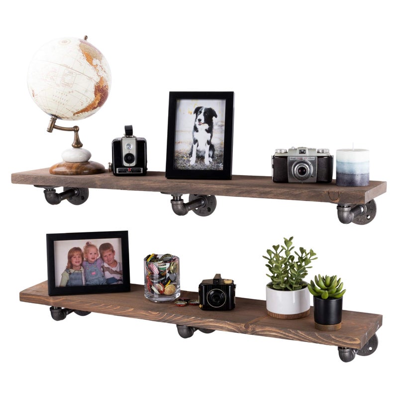 PIPE DECOR Industrial Pipe Wooden Shelves Restore by Pipe DÃ‰COR Premium Douglas Fir Wood Shelving 36 Inch Length Set of 2 Boards and 6 L Brackets Sunset Brown Finish - Image 1