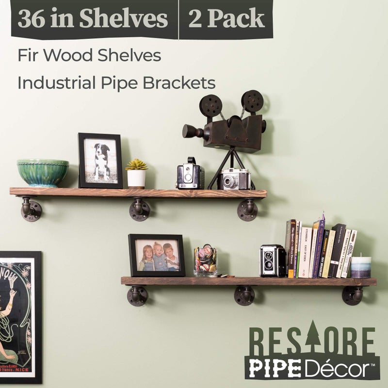 PIPE DECOR Industrial Pipe Wooden Shelves Restore by Pipe DÃ‰COR Premium Douglas Fir Wood Shelving 36 Inch Length Set of 2 Boards and 6 L Brackets Sunset Brown Finish - Image 4