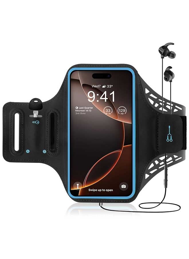 بشكل مختصر سوار ذراعي رياضي لهاتف آيفون 17/16/15/14/13/12 برو/ماكس/8 بلس/XR، حامل مفتاح وبطاقة للجيم والجري واللياقة البدنية، غطاء ذراعي لهاتف سامسونج S25/S24/S23/S22/بلس/نوت وجوجل بكسل (أسود) - Image 1