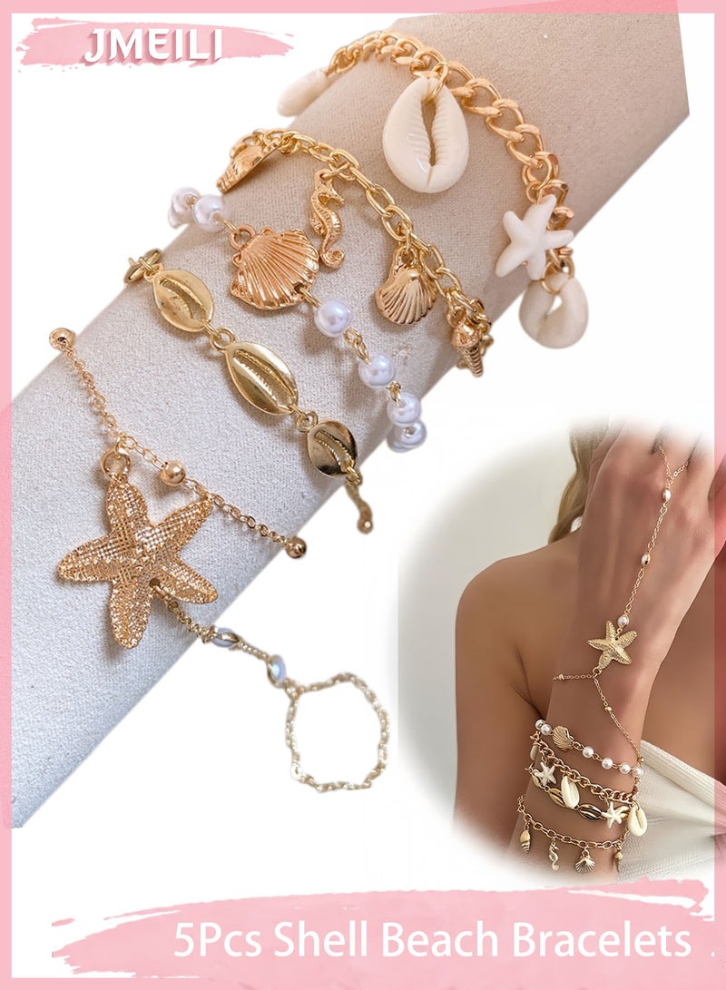 JMEILI 5Pcs Shell Pearl Bracelet Set, Bohemian Gold Bracelet Layered Chain, Trendy Hand Bracelet for Daily Wear, Fashion Bracelet for Ladies and Women - Image 1