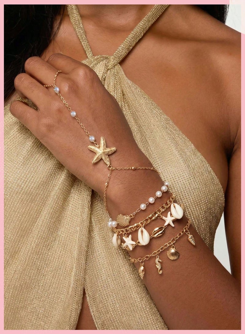 JMEILI 5Pcs Shell Pearl Bracelet Set, Bohemian Gold Bracelet Layered Chain, Trendy Hand Bracelet for Daily Wear, Fashion Bracelet for Ladies and Women - Image 2
