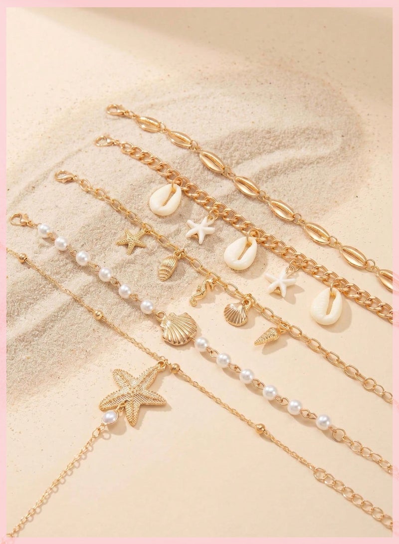JMEILI 5Pcs Shell Pearl Bracelet Set, Bohemian Gold Bracelet Layered Chain, Trendy Hand Bracelet for Daily Wear, Fashion Bracelet for Ladies and Women - Image 3