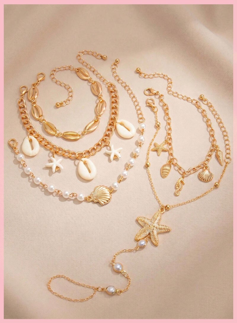 JMEILI 5Pcs Shell Pearl Bracelet Set, Bohemian Gold Bracelet Layered Chain, Trendy Hand Bracelet for Daily Wear, Fashion Bracelet for Ladies and Women - Image 4