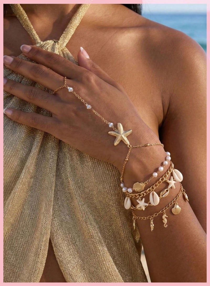 JMEILI 5Pcs Shell Pearl Bracelet Set, Bohemian Gold Bracelet Layered Chain, Trendy Hand Bracelet for Daily Wear, Fashion Bracelet for Ladies and Women - Image 5