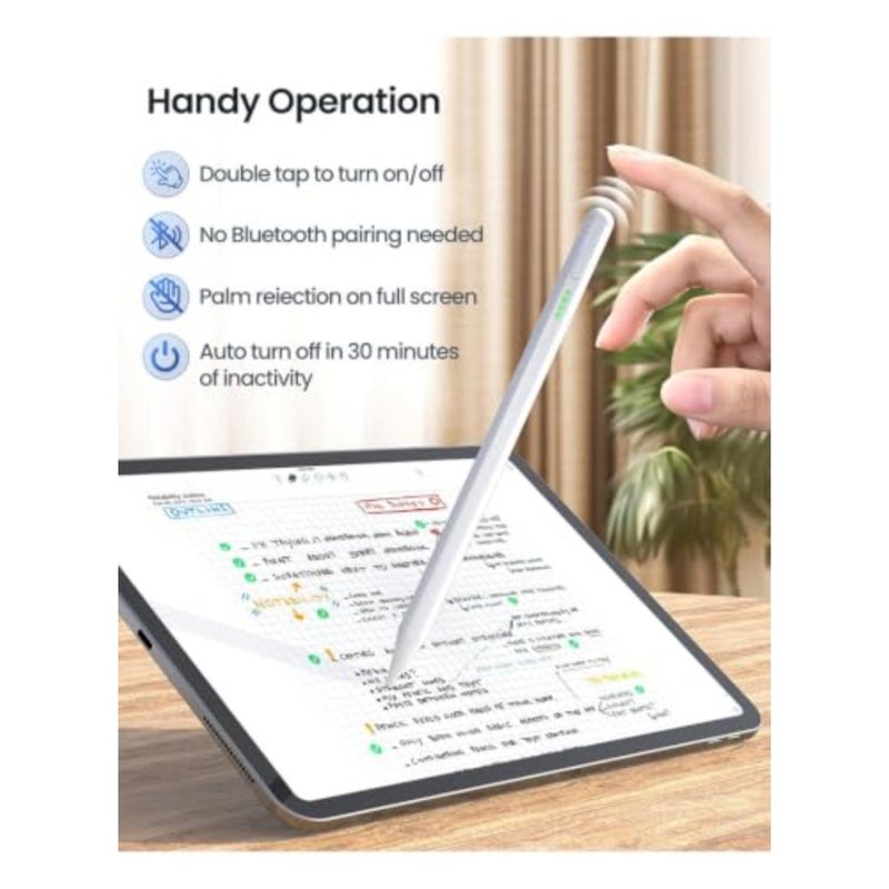 قلم Theodor Stylus لجهاز iPad 2018-2026 مع حافظة تخزين قابلة لإعادة الاستخدام، قلم iPad مع خاصية رفض راحة اليد، حساسية إمالة لجهاز Apple iPad A16 11/10/9/8، Pro 12.9/11/13 بوصة M4، Air M2/M3/M4، Mini- أبيض - Image 4