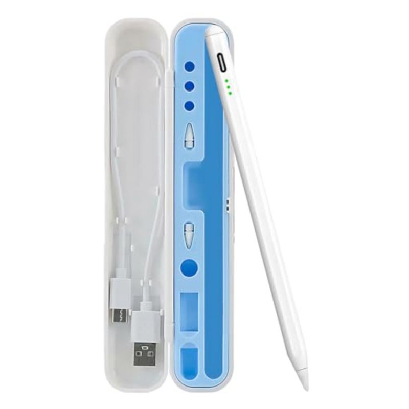 قلم Theodor Stylus لجهاز iPad 2018-2026 مع حافظة تخزين قابلة لإعادة الاستخدام، قلم iPad مع خاصية رفض راحة اليد، حساسية إمالة لجهاز Apple iPad A16 11/10/9/8، Pro 12.9/11/13 بوصة M4، Air M2/M3/M4، Mini- أبيض - Image 1
