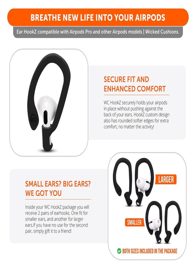 WC HookZ - Patented Upgraded Over Ear Hooks for AirPods Pro 1, 2 & AirPods 1, 2 & 3- Two Size Pairs Included in Package, Unique Left & Right Hook, Made by Wicked Cushions | Pitch Black - Image 4